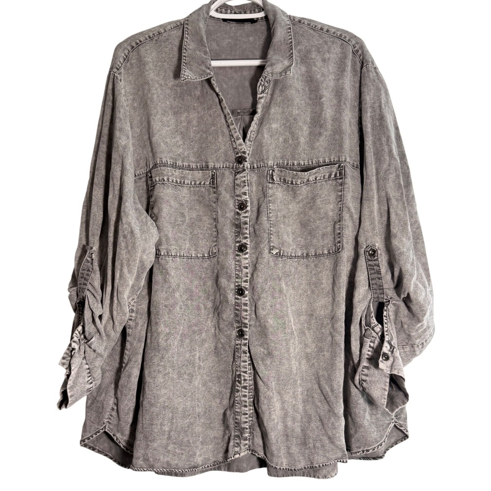 Jane & Delancey Womens 3X Grey Acid Wash Lyocell Button Down Shirt Roll Sleeves